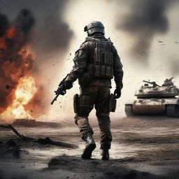 Create an image of a lone soldier standing defiantly in front of an enemy tank, his uniform and skin streaked with sweat, blood, mud, and dirt among flying bullets and flames, capturing the dire realities of war on a chaotic battlefield