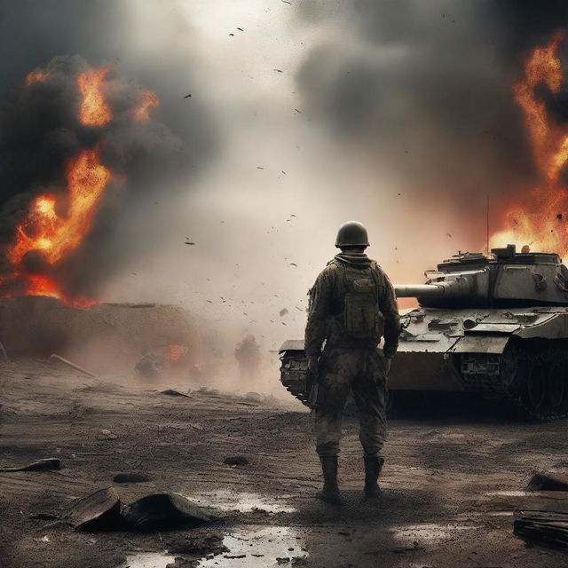 Create an image of a lone soldier standing defiantly in front of an enemy tank, his uniform and skin streaked with sweat, blood, mud, and dirt among flying bullets and flames, capturing the dire realities of war on a chaotic battlefield