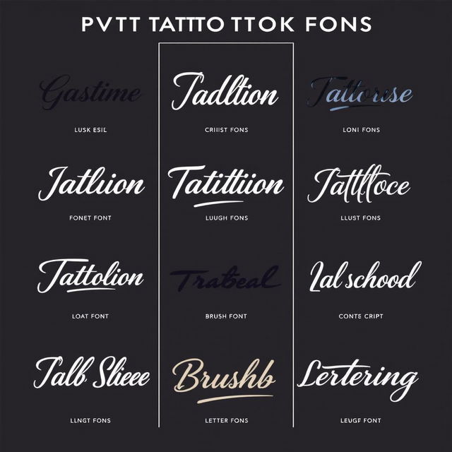 A visually striking matrix display of 9 popular tattoo fonts arranged in an appealing grid layout