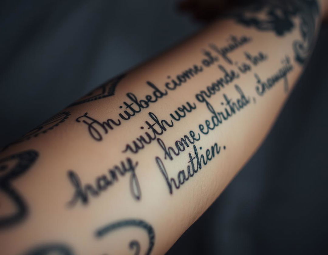 A close-up of an arm with intricate tattoos and writing, creating an artistic effect of fading and blurring towards the edges