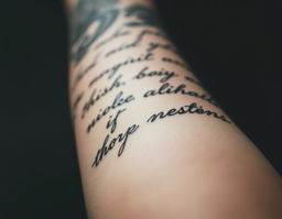 A close-up of an arm with intricate tattoos and writing, creating an artistic effect of fading and blurring towards the edges