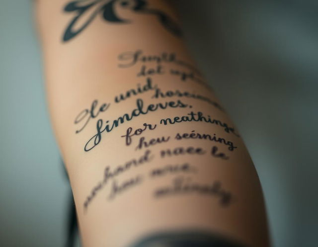 A close-up of an arm with intricate tattoos and writing, creating an artistic effect of fading and blurring towards the edges