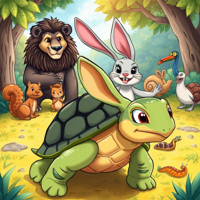 A whimsical story cover illustration featuring a determined turtle in the foreground as the main protagonist, showcasing an expression of focus and resilience