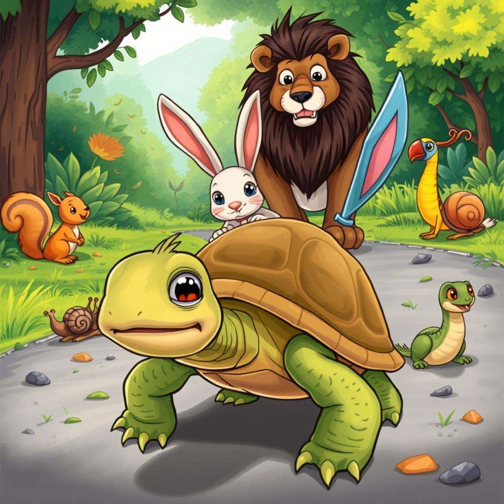 A whimsical story cover illustration featuring a determined turtle in the foreground as the main protagonist, showcasing an expression of focus and resilience