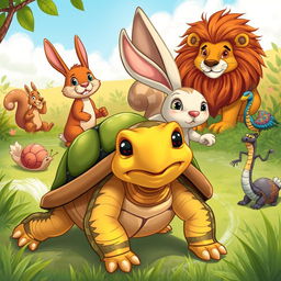 A whimsical story cover illustration featuring a determined turtle in the foreground as the main protagonist, showcasing an expression of focus and resilience