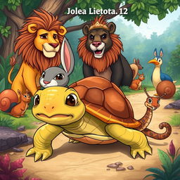 A whimsical story cover illustration featuring a determined turtle in the foreground as the main protagonist, showcasing an expression of focus and resilience