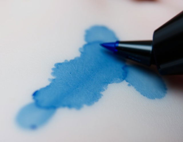 A close-up view showcasing blue ink from a ballpoint pen gradually fading and blurring across the skin