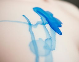 A close-up view showcasing blue ink from a ballpoint pen gradually fading and blurring across the skin