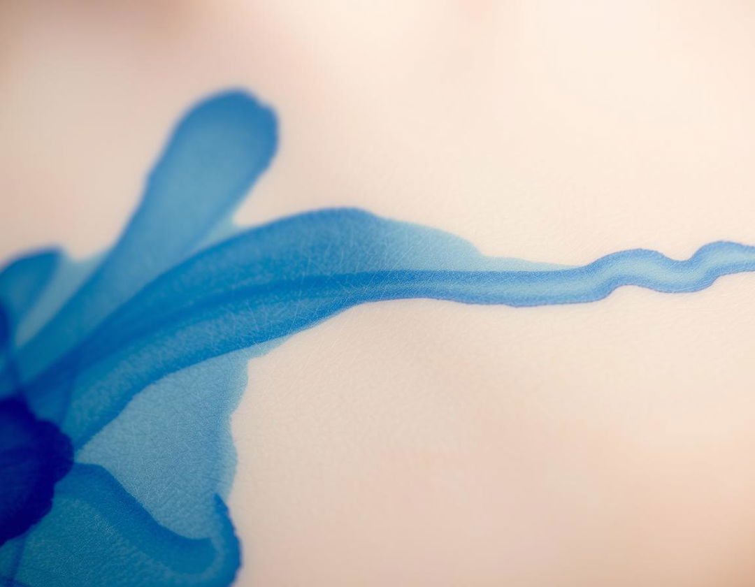 A close-up view showcasing blue ink from a ballpoint pen gradually fading and blurring across the skin