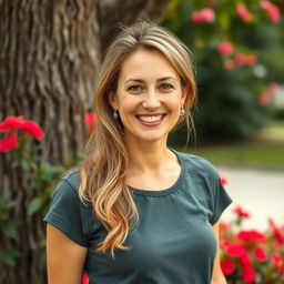 A full-length photo of a woman aged 30-35 with a natural appearance, featuring minimal makeup and well-groomed hair