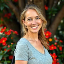 A full-length photo of a woman aged 30-35 with a natural appearance, featuring minimal makeup and well-groomed hair