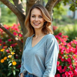 A full-length photo of a woman aged 30-35 with a natural appearance, featuring minimal makeup and well-groomed hair