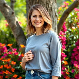 A full-length photo of a woman aged 30-35 with a natural appearance, featuring minimal makeup and well-groomed hair