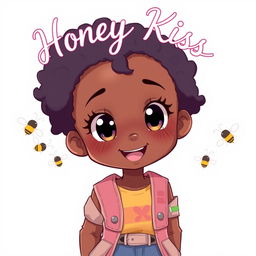 A cute black teenage girl in an adorable pose, with the words 'Honey Kiss' elegantly written above her in a whimsical, anime-style font
