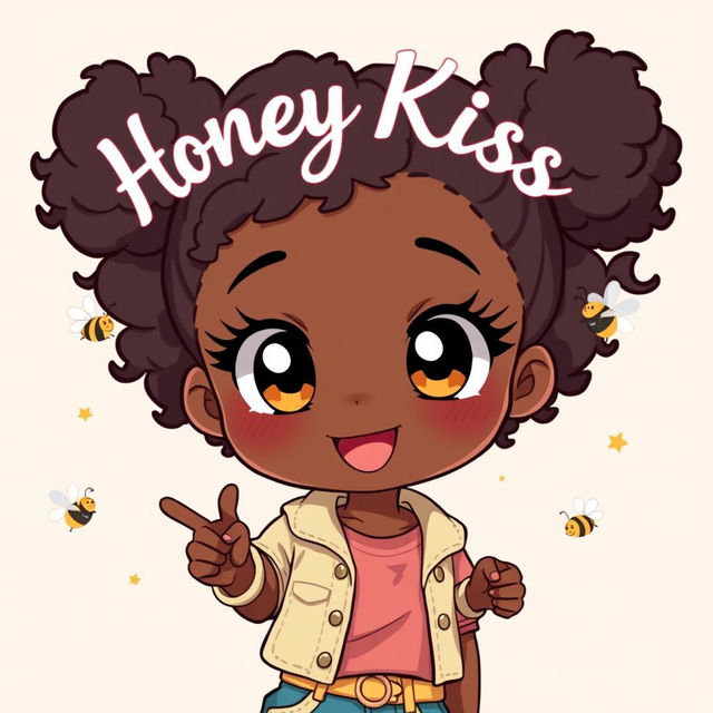 A cute black teenage girl in an adorable pose, with the words 'Honey Kiss' elegantly written above her in a whimsical, anime-style font