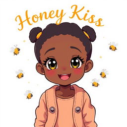 A cute black teenage girl in an adorable pose, with the words 'Honey Kiss' elegantly written above her in a whimsical, anime-style font