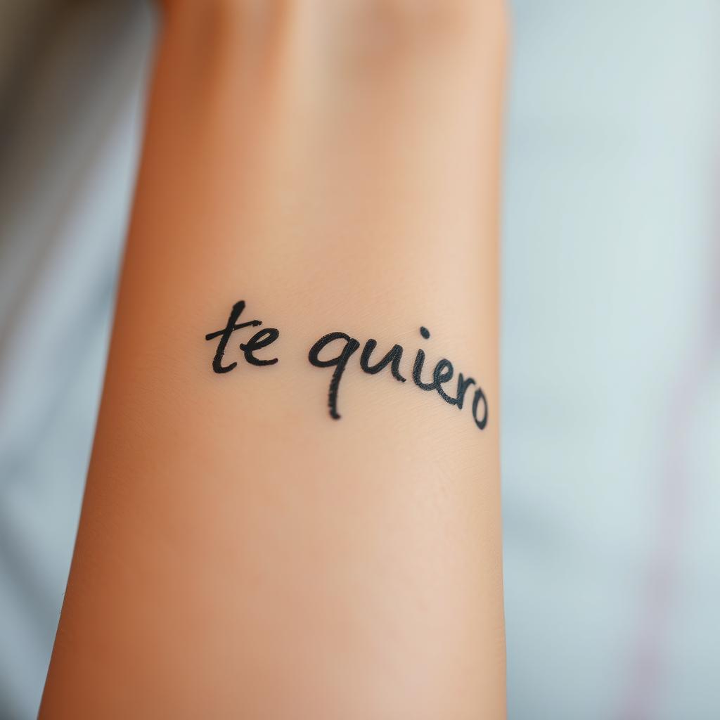 A close-up of an arm with the phrase 'te quiero' written on it, but the writing is smudged to give an artistic and emotional feel