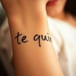 A close-up of an arm with the phrase 'te quiero' written on it, but the writing is smudged to give an artistic and emotional feel