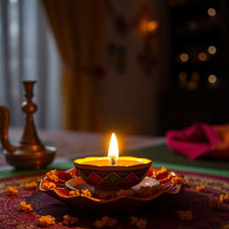 A beautifully crafted diya (traditional Indian oil lamp) made of clay, with intricate designs painted in vibrant colors such as gold, red, and green