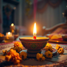 A beautifully crafted diya (traditional Indian oil lamp) made of clay, with intricate designs painted in vibrant colors such as gold, red, and green