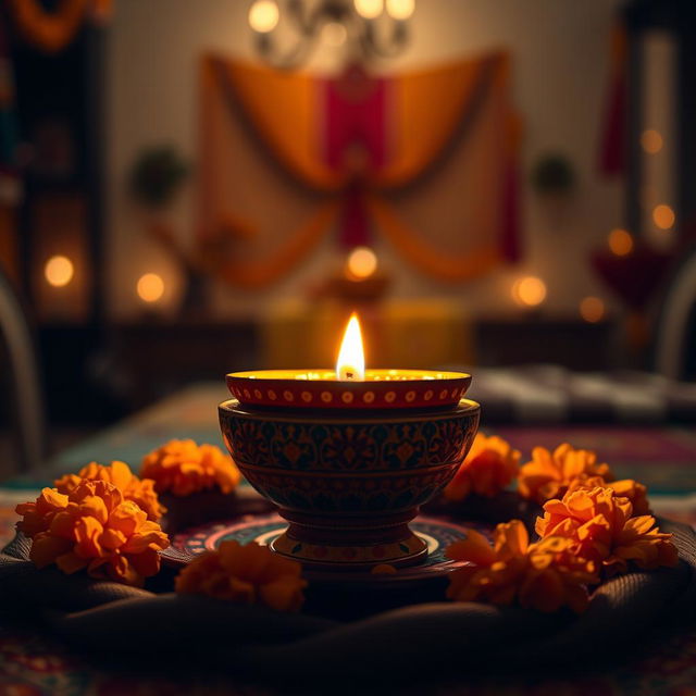 A beautifully crafted diya (traditional Indian oil lamp) made of clay, with intricate designs painted in vibrant colors such as gold, red, and green
