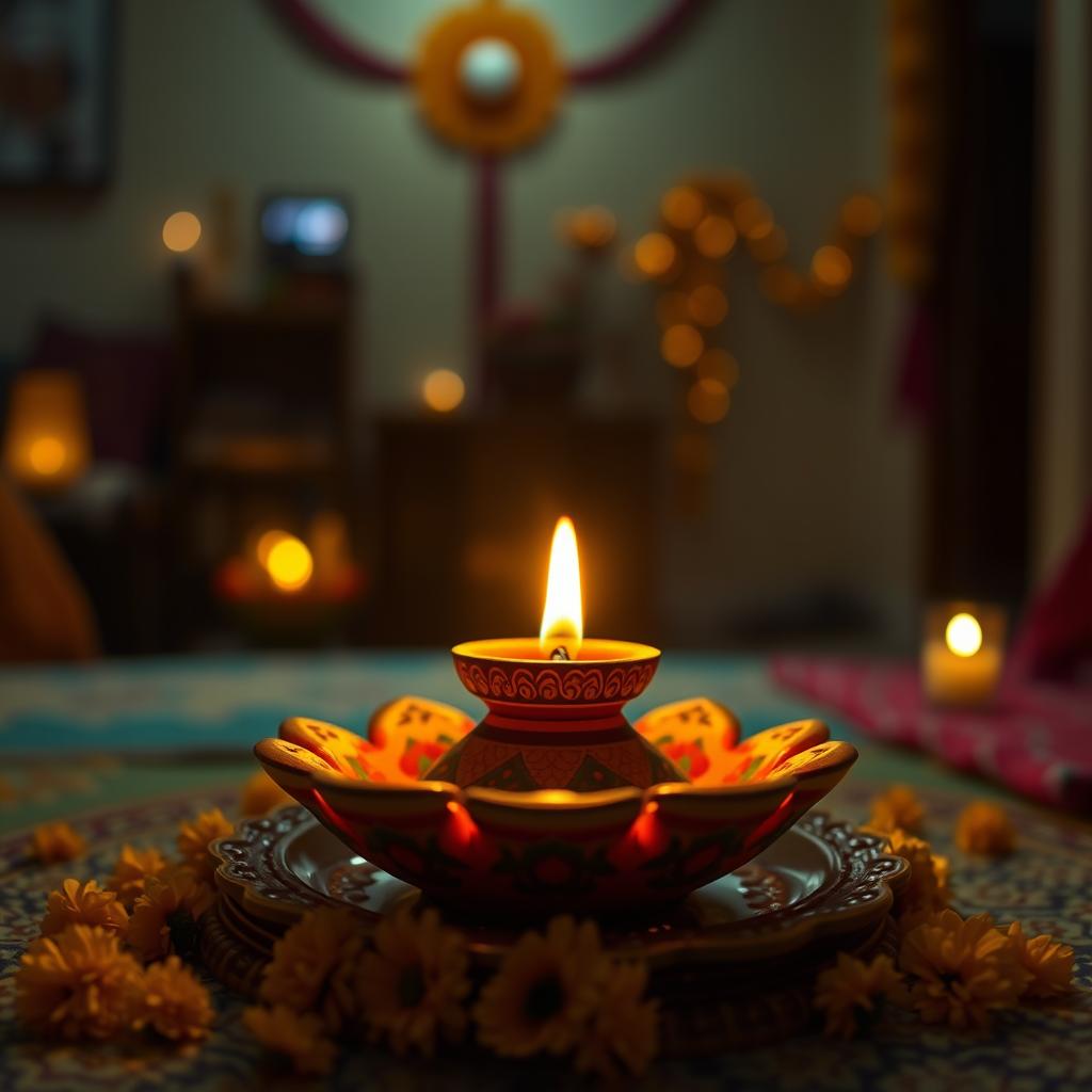 A beautifully crafted diya (traditional Indian oil lamp) made of clay, with intricate designs painted in vibrant colors such as gold, red, and green