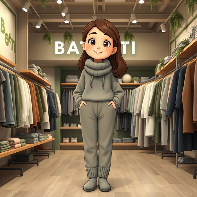 A beautiful, large cartoon model standing in a clothing store named BATTI