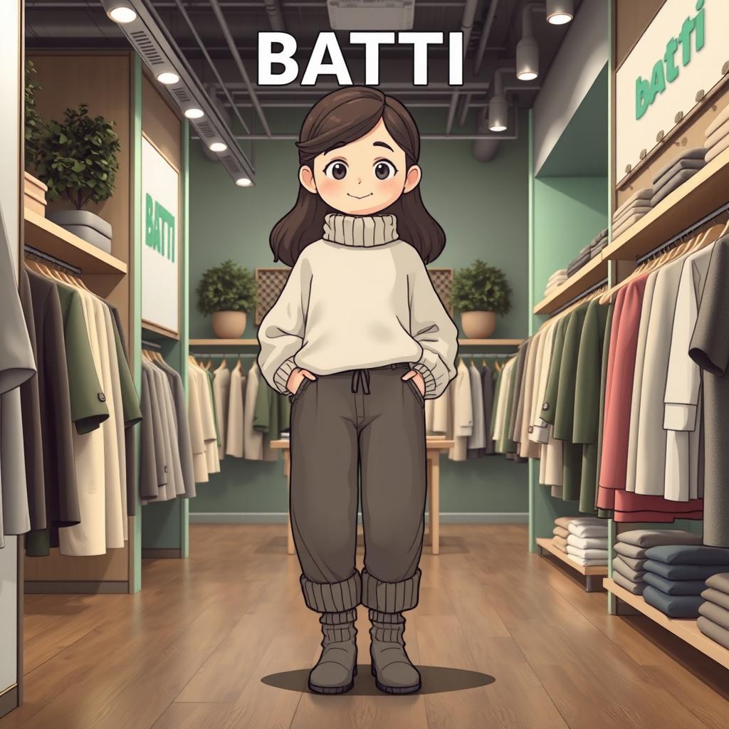 A beautiful, large cartoon model standing in a clothing store named BATTI