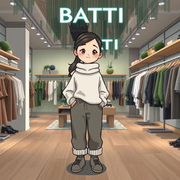 A beautiful, large cartoon model standing in a clothing store named BATTI
