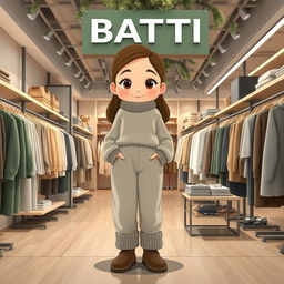 A beautiful, large cartoon model standing in a clothing store named BATTI