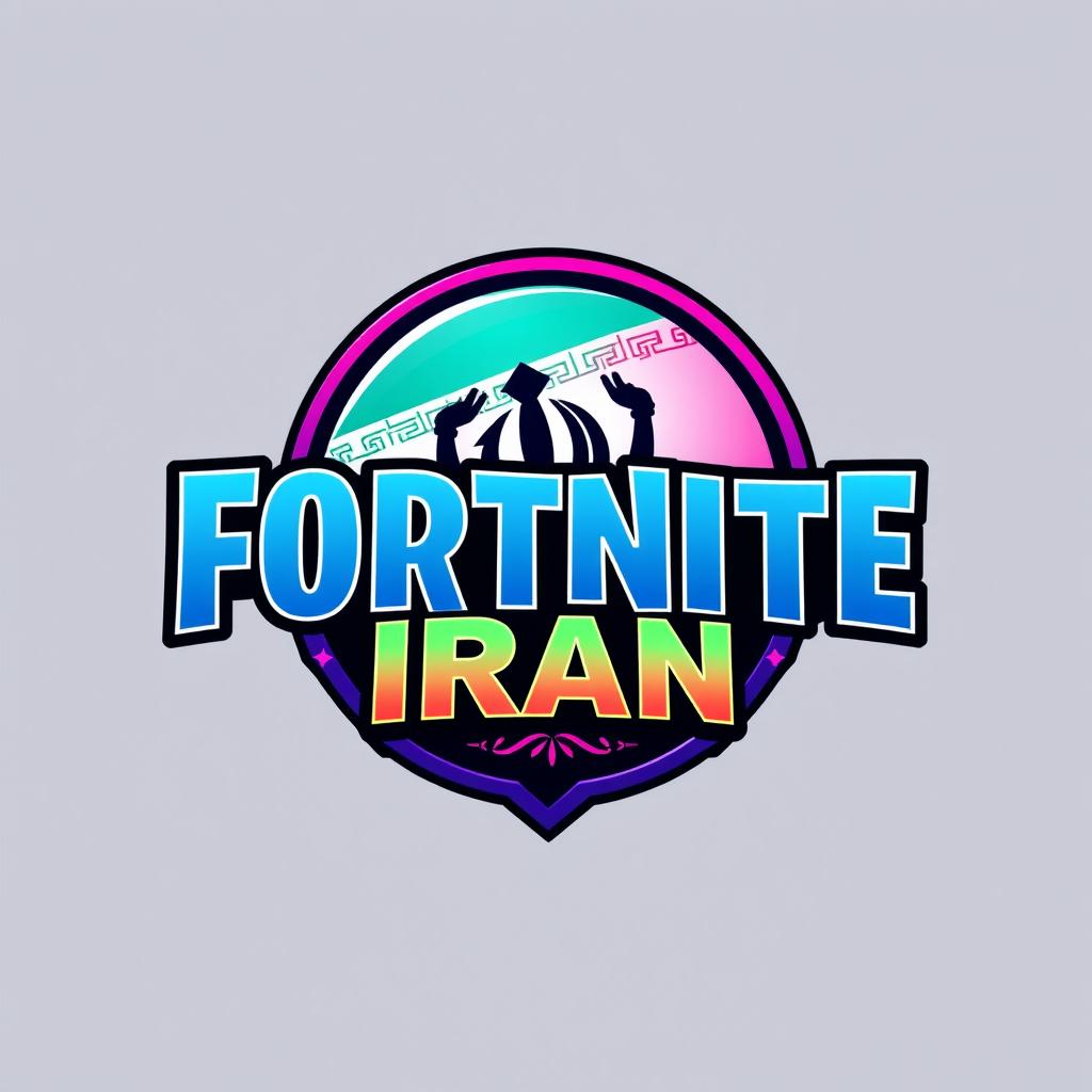 A logo design for "Fortnite Iran", featuring a stylized representation of Iran's national emblem integrated into the popular video game Fortnite style