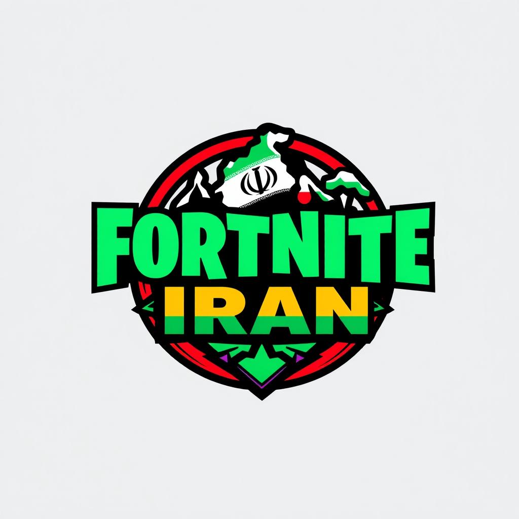 A creative and visually striking logo design for "Fortnite Iran" featuring a blend of the iconic Fortnite font with Persian elements