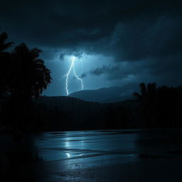 A dramatic dark monsoon night scene, with heavy rain pouring down and flashes of lightning illuminating the sky