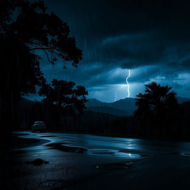 A dramatic dark monsoon night scene, with heavy rain pouring down and flashes of lightning illuminating the sky