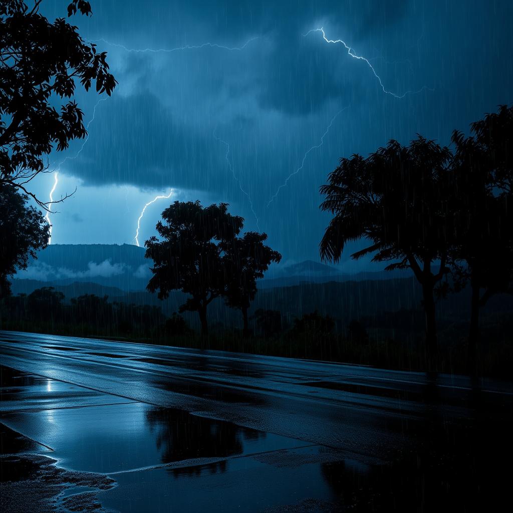 A dramatic dark monsoon night scene, with heavy rain pouring down and flashes of lightning illuminating the sky