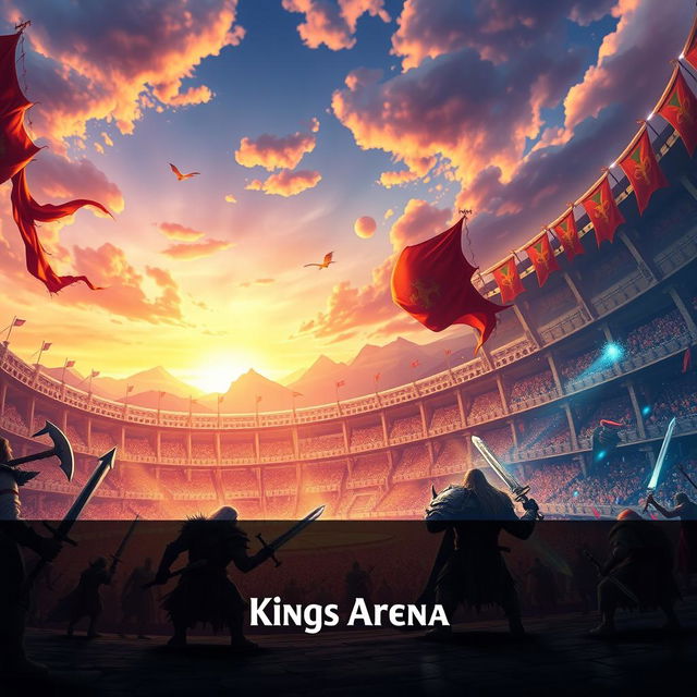 A dynamic and exciting digital background for a gaming website titled 'Kings Arena'