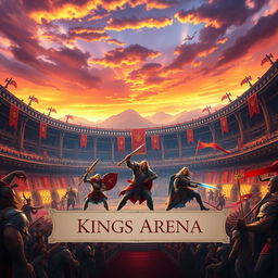 A dynamic and exciting digital background for a gaming website titled 'Kings Arena'