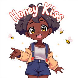 A full-body illustration of a cute black teenage girl in an adorable pose, radiating joy and charm, with the words 'Honey Kiss' beautifully displayed above her in a whimsical anime-style font