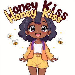 A full-body illustration of a cute black teenage girl in an adorable pose, radiating joy and charm, with the words 'Honey Kiss' beautifully displayed above her in a whimsical anime-style font
