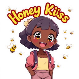 A full-body illustration of a cute black teenage girl in an adorable pose, radiating joy and charm, with the words 'Honey Kiss' beautifully displayed above her in a whimsical anime-style font