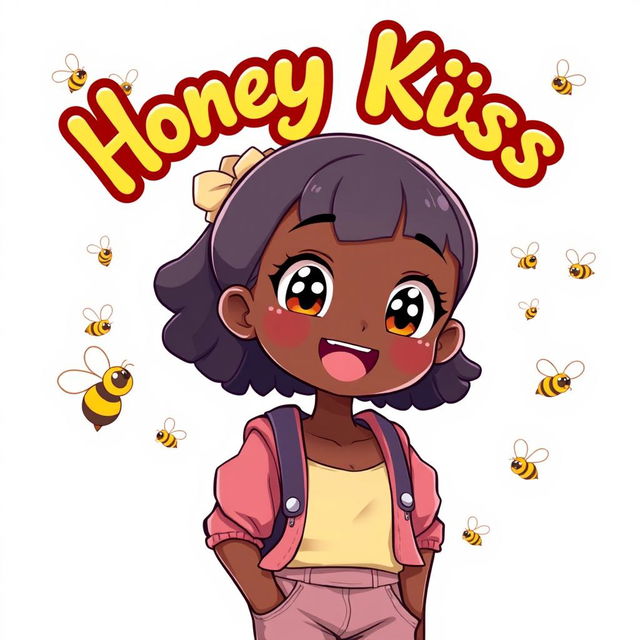 A full-body illustration of a cute black teenage girl in an adorable pose, radiating joy and charm, with the words 'Honey Kiss' beautifully displayed above her in a whimsical anime-style font