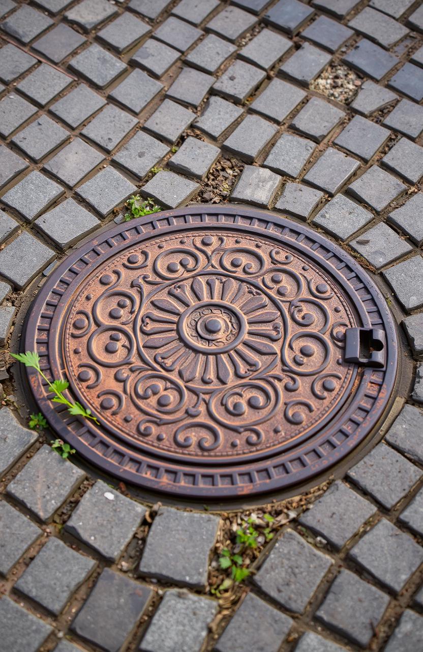 A traditional city manhole cover, showcasing intricate designs and texture, surrounded by cobblestone pavement