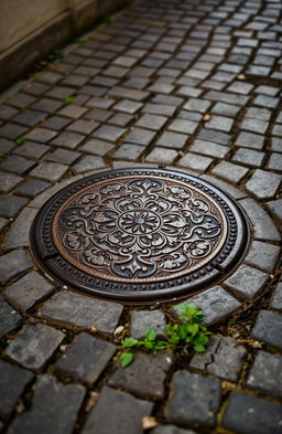 A traditional city manhole cover, showcasing intricate designs and texture, surrounded by cobblestone pavement