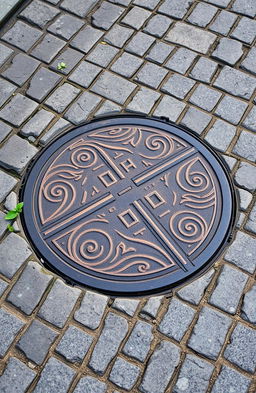 A traditional city manhole cover, showcasing intricate designs and texture, surrounded by cobblestone pavement