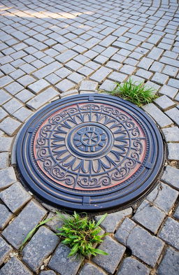 A traditional city manhole cover, showcasing intricate designs and texture, surrounded by cobblestone pavement