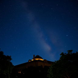 A breathtaking view of a starry night sky over the National Autonomous University of Mexico (UNAM), showcasing its iconic buildings illuminated softly under the moonlight