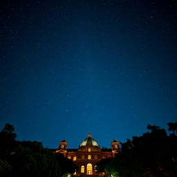 A breathtaking view of a starry night sky over the National Autonomous University of Mexico (UNAM), showcasing its iconic buildings illuminated softly under the moonlight