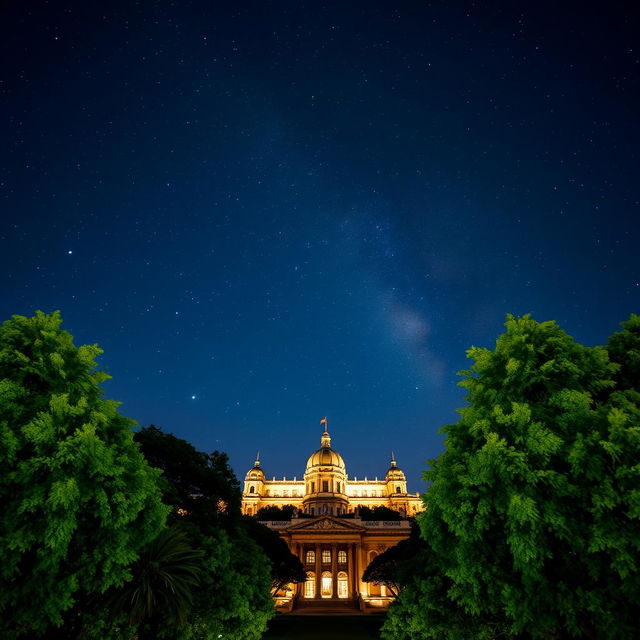 A breathtaking view of a starry night sky over the National Autonomous University of Mexico (UNAM), showcasing its iconic buildings illuminated softly under the moonlight