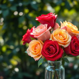 A stunning arrangement of vibrant roses in various shades including deep red, soft pink, and bright yellow, artfully arranged in a delicate glass vase