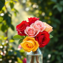 A stunning arrangement of vibrant roses in various shades including deep red, soft pink, and bright yellow, artfully arranged in a delicate glass vase